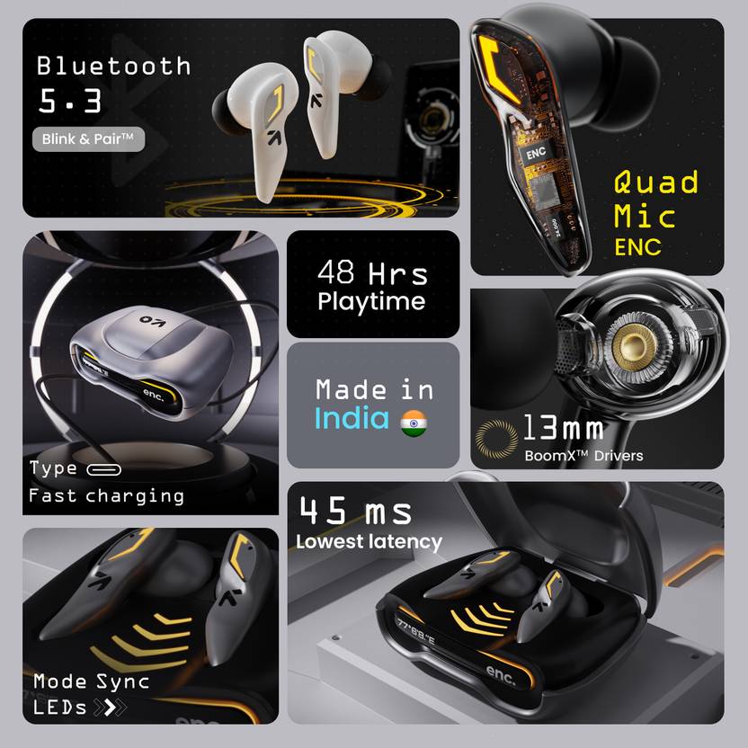GOBOULT (previously Boult) Astra with Quad Mic ENC, 48Hrs Battery, Low Latency Gaming Bluetooth (Black Gloss, True Wireless)