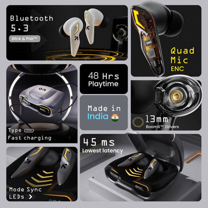 GOBOULT (previously Boult) Astra with Quad Mic ENC, 48Hrs Battery, Low Latency Gaming Bluetooth  (Black Gloss, True Wireless)